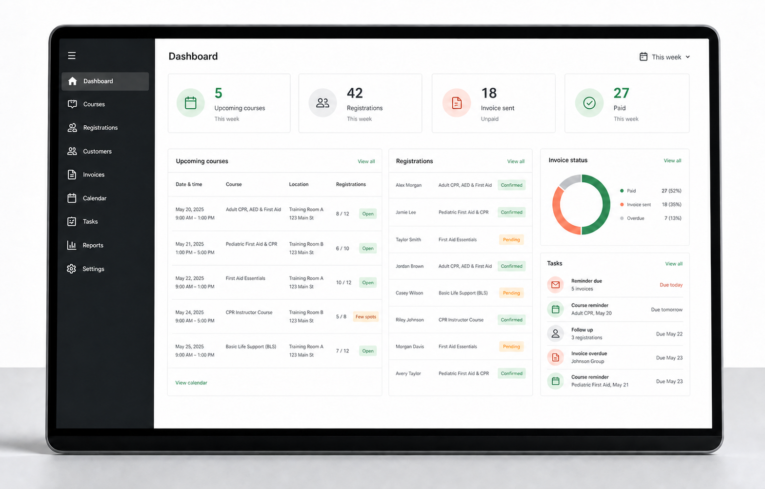 Illustrative Course Ops dashboard showing courses, registration status, invoices, and tasks